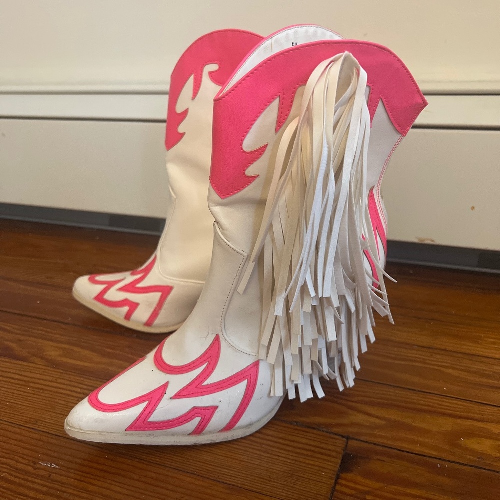 Pink and white faux leather fringe cowgirl boots